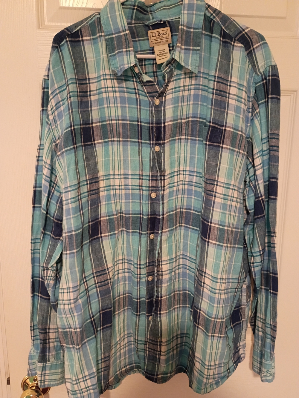 L.L. Bean 100%Linen Plaid Shirt in Teal&Navy XL EUC
